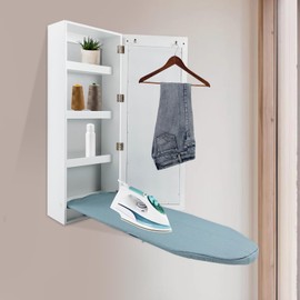 KOLHGNSE Wall Mounted Ironing Board with Mirror, Foldable Space Saving Design for Bedroom Closet Laundry Room (White)