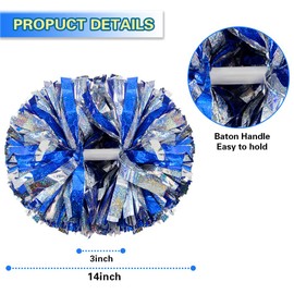 Lovecheer 2PCS Cheerleader Pom Poms Blue and Silver Holographic Pom Poms Cheerleading with Baton Handle for Sports Team Spirit Dance Adults