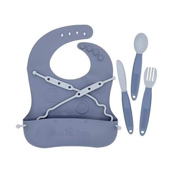 BUSY BABY Bungee Bib & Utensil Set – Adjustable Silicone