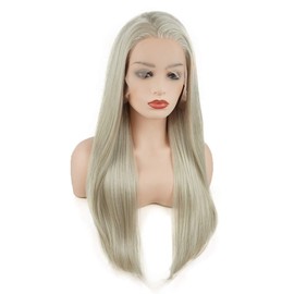 Meiyite Hair Straight Long 24inch Honey Blonde and White Mix Half Hand Tied Realistic Synthetic Lace Front Wigs