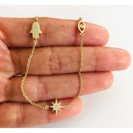 Alex and Elsa GOLD PLATED - SILVER HAMSA, EVIL EYE, SUN ANKLET  8.5" +1" -  EA92