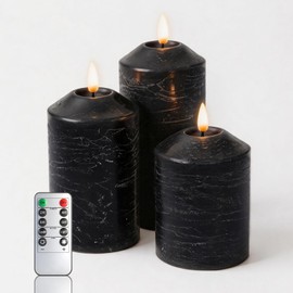 KiimLaa Black Flameless Candles with Remote & Timer, Real Wax Pillar LED Candles Battery Operated with 3D Dimmable Flickering Flame, [Set of 3] LED Candles for Weddings, Table Party, Home Decor