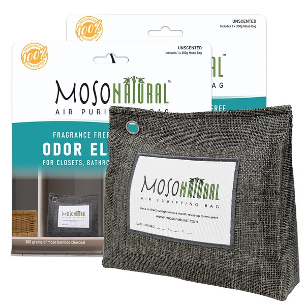 Moso Natural Air Purifying Bag 300g (2 Pack) A Scent Free Odor Eliminator for Closets, Bathrooms, Laundry Rooms, Pet Areas. Premium Moso Bamboo Charcoal Odor Absorber. Two Year Lifespan!