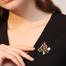 Red Jingle Bell Tree Brooch Pin for Women Girls Men Gold Plated Fashion Rhinestone Shell Pearl Green Christmas Festival Ornament Brooches Lapel Pins Cute Xmas Party Holiday Dress Accessories Jewelry Gift Souvenir