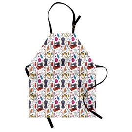 Lunarable Fashion Apron, Pattern with Cartoon Tailoring Equipment as Sewing Machine Thread and Tape Measure, Unisex Kitchen Bib Apron with Adjustable Neck for Cooking Baking Gardening, Multicolor