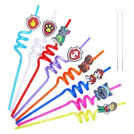 Children's Straws, Pack of 8 Drinking Straws, Colourful Drinking Straws, Plastic, Dog Patrol Straws, Plastic Straws with Straw Brush as Party Accessories for Birthday Children