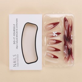 Red French Press on Nails Medium Almond Fake Nails Full Cover False Nails with Designs White Bow Charm Pearl Glossy Glue on Nails Cute Acrylic Nails Reusable Artificial Stick on Nails for Women 24Pcs