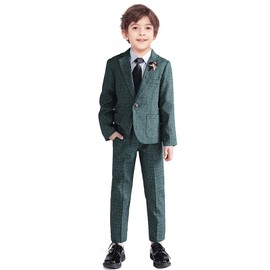 LOLANTA Boys Plaid Suit Sport Coat Blazer Pants Set Kids 2 Piece Formal Wear Outfit for Wedding(Green,8-9Years)