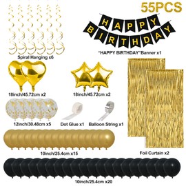 Black Gold Birthday Decorations Set,55pcs Black Gold Balloons,Confetti Balloons,Happy Birthday Banner,Gold Fringe Curtain,Hanging Swirls,Black And Gold Birthday Balloons For Birthday Party Decoration