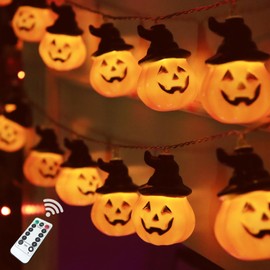 Runleo Halloween Pumpkin String Lights with Witch Hat, 20 LED 16.4FT 8 Modes Timer 3D Waterproof Orange Jack-O-Lantern Battery Operated Flickering Lights for Indoor Outdoor Decor Party Decorations
