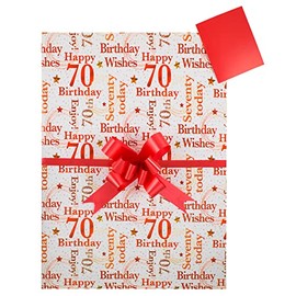 Giftwrap 70th Seventy Birthday Gift Wrap Pack, 2 Sheets Wrapping Paper, 2 Red Tags and 2 RedPull Bows, Packaged in an A4 Boarded Envelope for Protection. Male Female Gift Present, Red,Silver