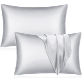 Mulberry Satin Silk Pillowcase for Hair and Skin - Soft Breathable Smooth Both Sided Silk Pillow Cover Pair - Standard Size 50x75cm, 2pc (Silver)