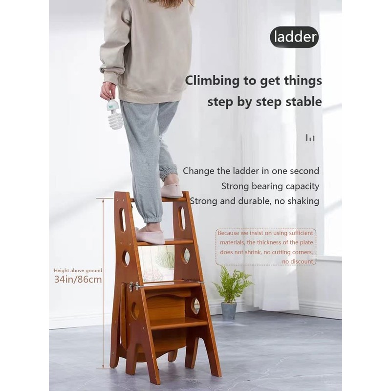 Wooden Folding Library Ladder Chair, 4-Storey Portable Multi-Function Step Stool,