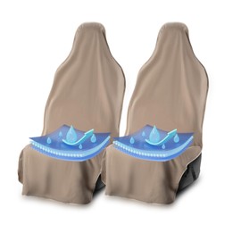 UltraSport Front Seat Cover, Universal Fit Waterproof & Sweatproof Car Seat Protector, Odor-Resistant, Machine Washable & Spill-Proof Towel Cover for Gym, Pet, Travel & Outdoor Adventure, Tan, 2Pack