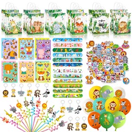 122pcs Jungle Animals party favors Supplies, Gift Bags, key chains,balloons,Stickers straws etc for Birthday Party Decorations Fill Up the Goodie Bags Prizes Pinata Fillers (jungle)