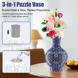 3D Puzzle Vase (Lighted Model) Unique Adult 3D Puzzle with Lighted Flower Arrangement Decorative Vase, Housewarming Gift. Suitable for Home Office Collection Decoration (Broken Flower)