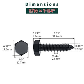 5/16 x 1-1/4" Black Hex Head Lag Screws Bolts (20 pcs), 304 Stainless Steel 18/8, Black Oxide Coated, Full Thread, Deck Screws, Heavy Duty Hex Head Wood Lag Screws, Fayeploo