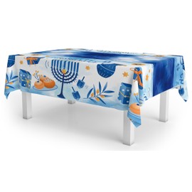Hanukkah Tablecloth Plastic - Hanukkah Paper Goods - 55" x 92" - Blue and White Chanukah Themed Party Supplies