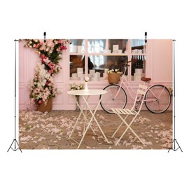 CORFOTO 5x3ft Fabric Pink Cafe Shop Backdrop Cafe Restaurant Street French Coffee Tables Flowers Bicycle Romantic Background France Theme Party Decorations Photo Booth Studios Prop Wallpaper