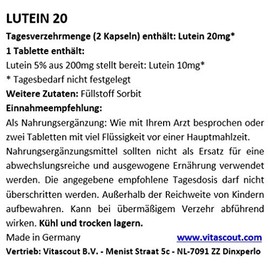 Vitascut® Lutein 20 II 250 Tablets of 10 mg for over 4 Months No Magnesium Stearate Made in Germany
