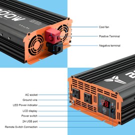 Tebrol 2000 watt Inverter Modified Wave car Power Inverter 12v to 110v /120V Inverter for car Vehicles Truck Camping Solar Panel Power Converter Adapter with Clamps 2000W Inverter