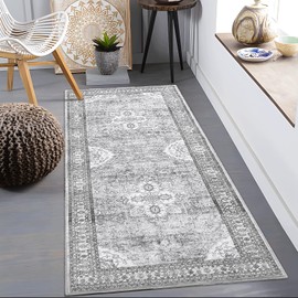 ROYHOME Floral Medallion Area Rug - 2x6 Hallway Runner Rug Kitchen Rugs Non Slip Washable Bedroom Throw Rug Low-Pile Carpet for Entryway Laundry Living Bathroom, Grey