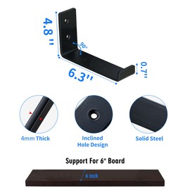 HEART ART Black Shelf Bracket 6 inch, J Metal Heavy Duty Shelf Support Brackets 4 Pack,6.3" L×4.8" H×1.2" W