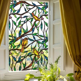 funlife Original Hand-Drawn Stained Glass Window Film, Transparent Double-Sided Static Cling Window Cling, Yellow Bird on Branch Non-Adhesive Glass Windows Decor for Glass Door, 21.65" x 118.11"