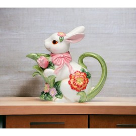 Cosmos Gifts 10445 Fine Ceramic Springtime Bunny Rabbit with Pink Tulip & Flowers Design Teapot, 7-5/8" L