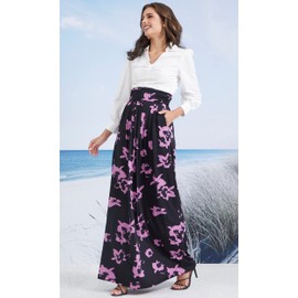 KOH KOH Womens Floral Print Long Flowy Cute Modest High Empire Waist Floor Length Pockets Casual Formal Vintage Slimming Work Wear Office Tall Maxi Skirt, Black & Purple M 8-10