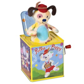 Schylling Polka Puppy Jack in the Box - Classic Children's Musical Toy that Dances - Colorful Embossed Tin Box and Lovable Puppy Plush - Age 18 months and Up