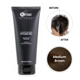 Kmax Concealing Styling Gel - Filling Gel with Keratin Fibres for Thinning Hair for a Thickening Effect, Hair Fibres to Cover Hair Loss - Format 200 ml - Medium Brown