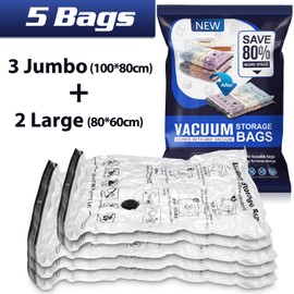 Vacuum Bags for Duvets, Pack of 5, 3 Jumbo 100 x 80 cm, 2 Large 80 x 60 cm, Vacuum Bags for Clothing, Reusable Vacuum Bags for Clothes, Large Can be Used for Travel and Daily Storage