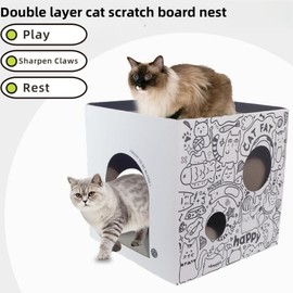 Dual-Level Cat Scratcher & Cozy Cat Cave House - Space-Saving Durable Corrugated Fiberboard for Indoor Cats, Furniture Protector with Adventure-Ready Design