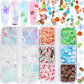Lentejuelas de Navidad con purpurina, 12 rejillas holográficas de copo de nieve para uñas con purpurina, copos de nieve, árbol de Navidad, muñecos de nieve, Papá Noel, alce, diseño de uñas de Navidad, calcomanías de invierno para manicura, decoraciones d