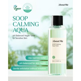 ABOUT ME SOOP Calming Aqua Toner – Korean 90.6% Jeju Cypress Water pH Balancing Toner for All Skin Types – Daily Gentle Exfoliation with Mandelic Acid & Centella – Korean Skin Care – 6.59oz, 195ml