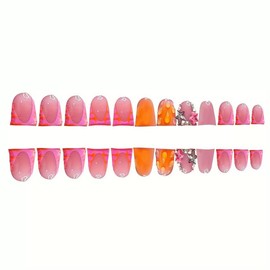 Duck Press on Nails Vibrant Orange Fake Nails with 3D Silver Star,Droplet Design - Summer Nails Press ons Reusable Acrylic Nails Glossy Full Cover Artificial Stick on Nails for Women Manicure 24 Pcs