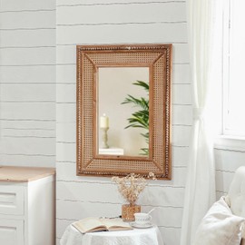 Synovana Boho Rattan Wall Mirror Wooden Framed Rectangle Mirror Wood Decorative Farmhouse Hanging Mirror for Bathroom Vanity Entryway Living Room Home Wall Decor - 24.21" x 1.18" x 32.28"