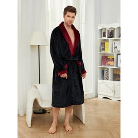 U2SKIIN Mens Fleece Robe Plush Collar Shawl Bathrobe(Black/Dark Red,L/XL)