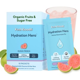 Feel Goods Hydration Hero, 1,000mg Electrolytes Powder, Sugar Free, Magnesium, Organic Coconut Water, L Theanine, Vitamin C & B12, Non GMO, Keto, Vegan, Electrolyte Packets | Guava Fresca, 15 Count