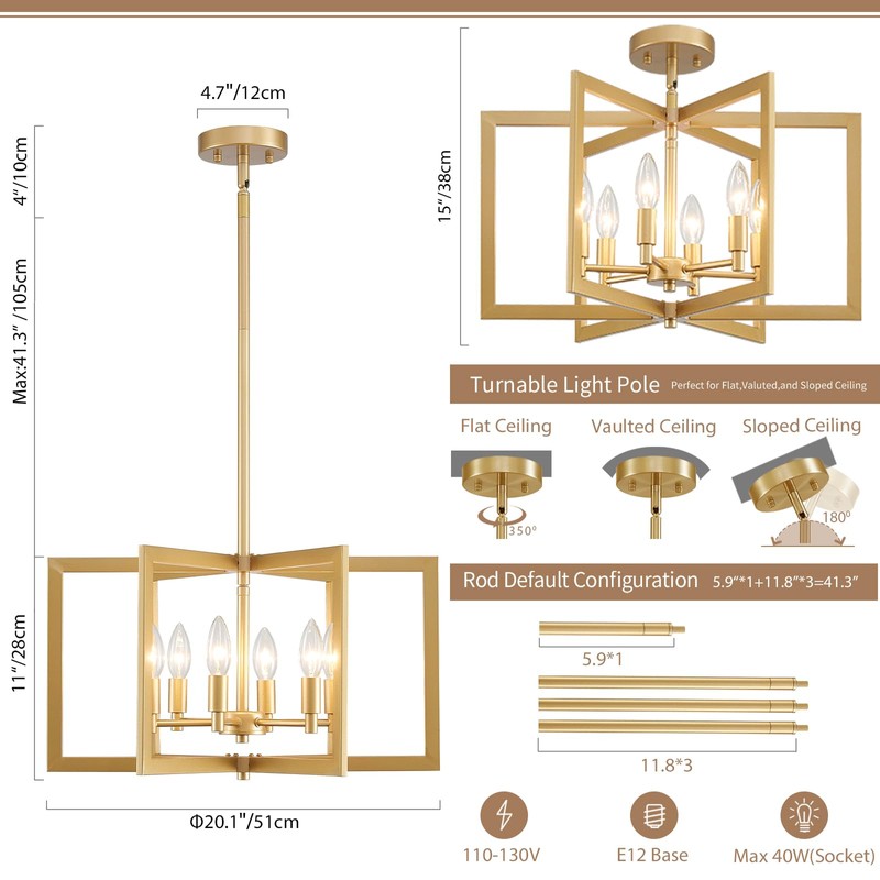 peskoe Gold Chandelier Modern Geometric 6-Light, Farmhouse Dining Room Light