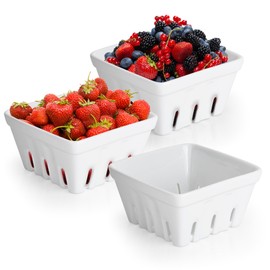 YEUIKERR Set of 3 Ceramic Berry Basket Square Fruit Bowls with Draining Holes for Kitchen Counter, Berries, Strawberry, Grape, Cherry Storage Container, White