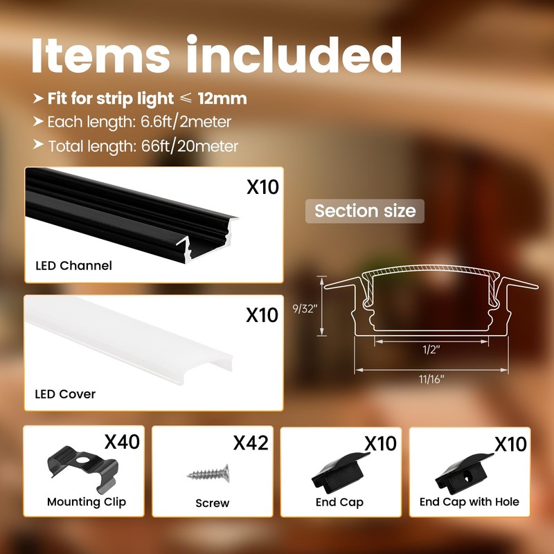 Muzata 10Pack 6.6FT/2M Recessed LED Channel U Shape Black Aluminum