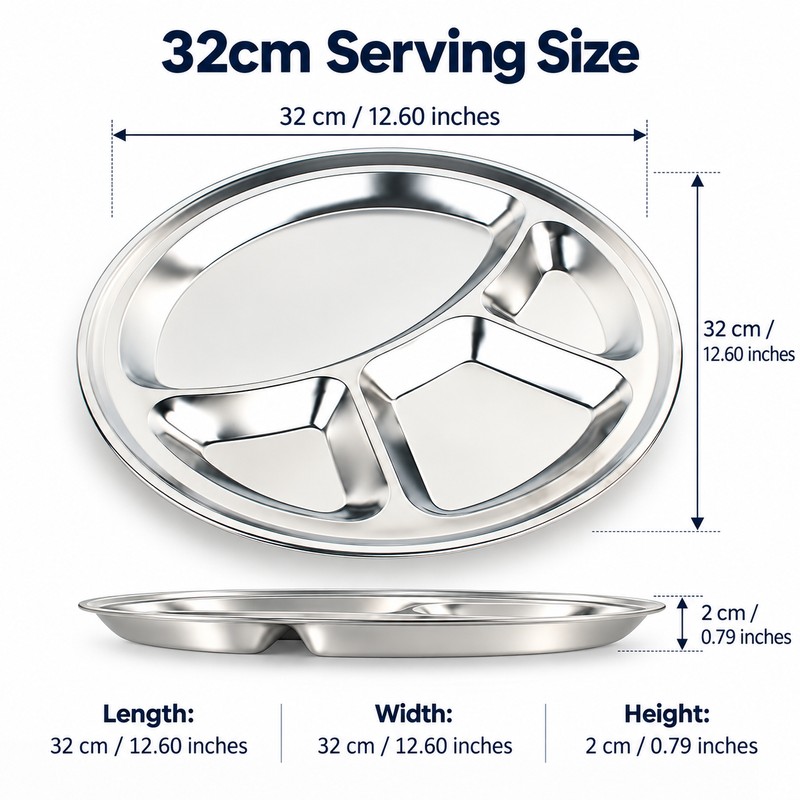 4-Grid Stainless Steel Serving Plate 32cm – Polished Divided Dinner