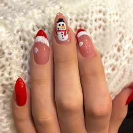 Christmas Medium Fake Nails Almond Press on Nails with Santa’s Hat and Snowman Designs Cute Christmas Glue on Nails Red Winter Stick on Nails Christmas Artificial Nails for Women Girls, 24Pcs
