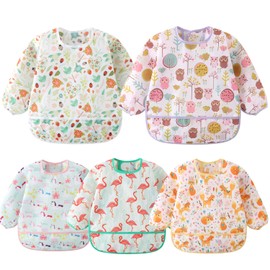 Yealoo Pack of 5 Bibs with Sleeves Baby Bibs Waterproof Washable Sleeve Bibs 6-30 Months, Unicorn/Flamingo/Owl/Fox/Flower