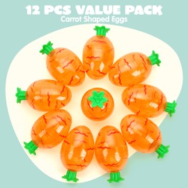JOYIN 12 Pcs Carrot Shaped Easter Eggs, 3.7” Plastic Empty Eggs Fillable, Clear Bright Orange Plastic Carrot Egg for Easter Eggs Hunt, Easter Themed Party, Basket Stuffers, Toys Filling Treats