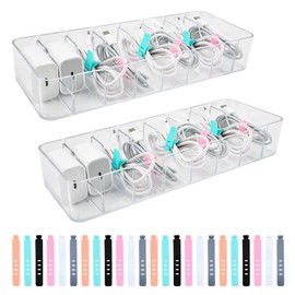 DODUOS Pack of 2 Cable Storage Box with Lid, Cable Organiser Box, Transparent Cable Storage, Cable Sorting Box with 24 Cable Ties and 7 Adjustable Compartments, Cable Box Organiser