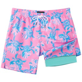 SURF CUZ Mens Swim Trunks with Compression Liner Quick Dry Swim Shorts 7" Swimming Trunks Stretch Zipper Pockets Pink Blue Turtles XS