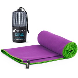 Fit-Flip Microfibre towel - compact, ultra lightweight & quick dry towel - the perfect gym, travel & beach towel - swimming towel for sports, camping & hiking (50x100cm pruple-green + bag)